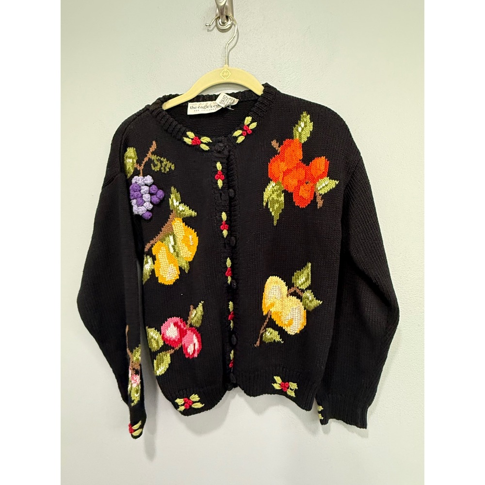 Vtg The Eagles Eye Kids Fruit Embroidered Cardigan Sweater Black Size M 10-12